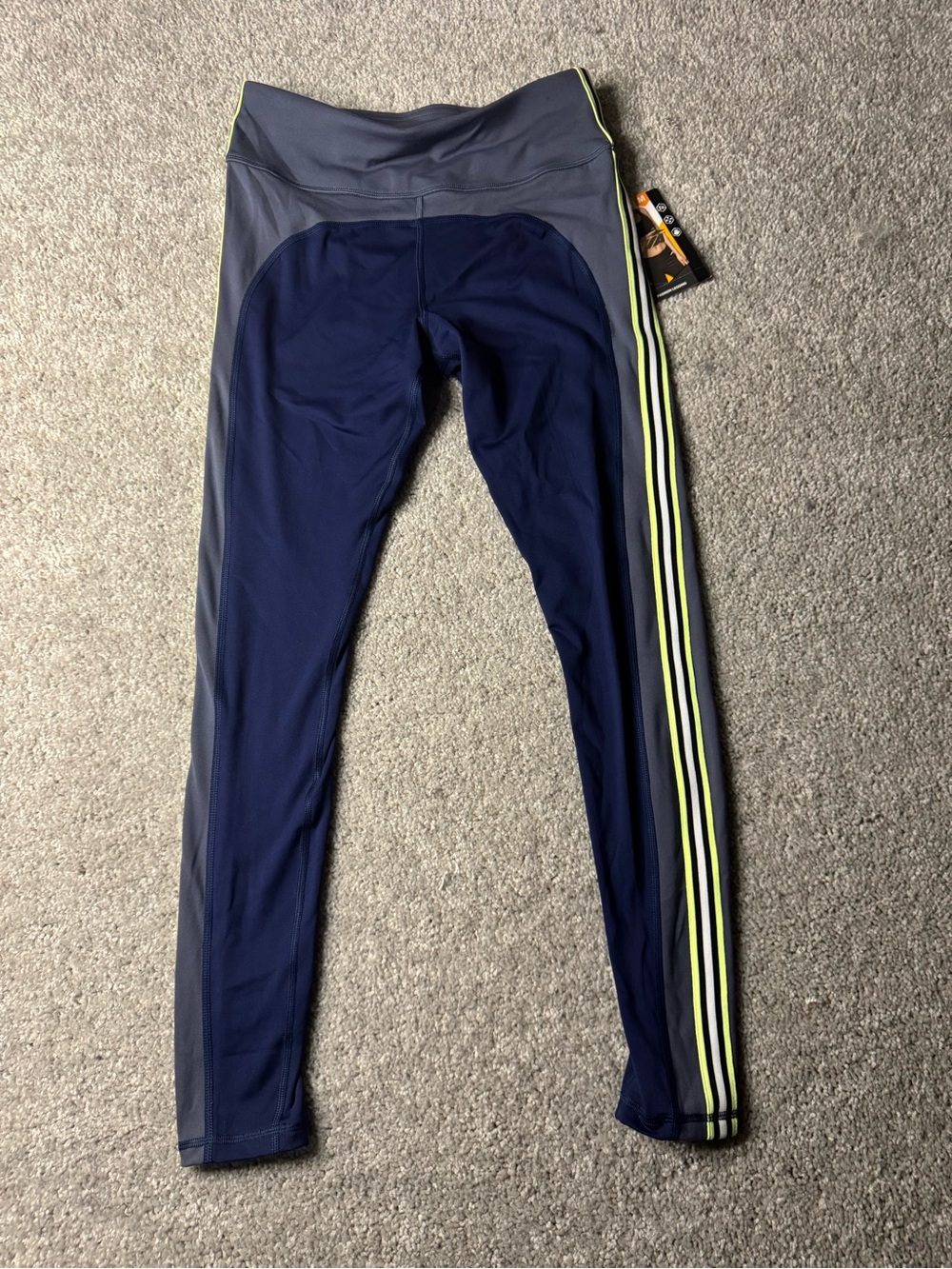Avia Navy and Gray Leggings with Neon Yellow Stripe